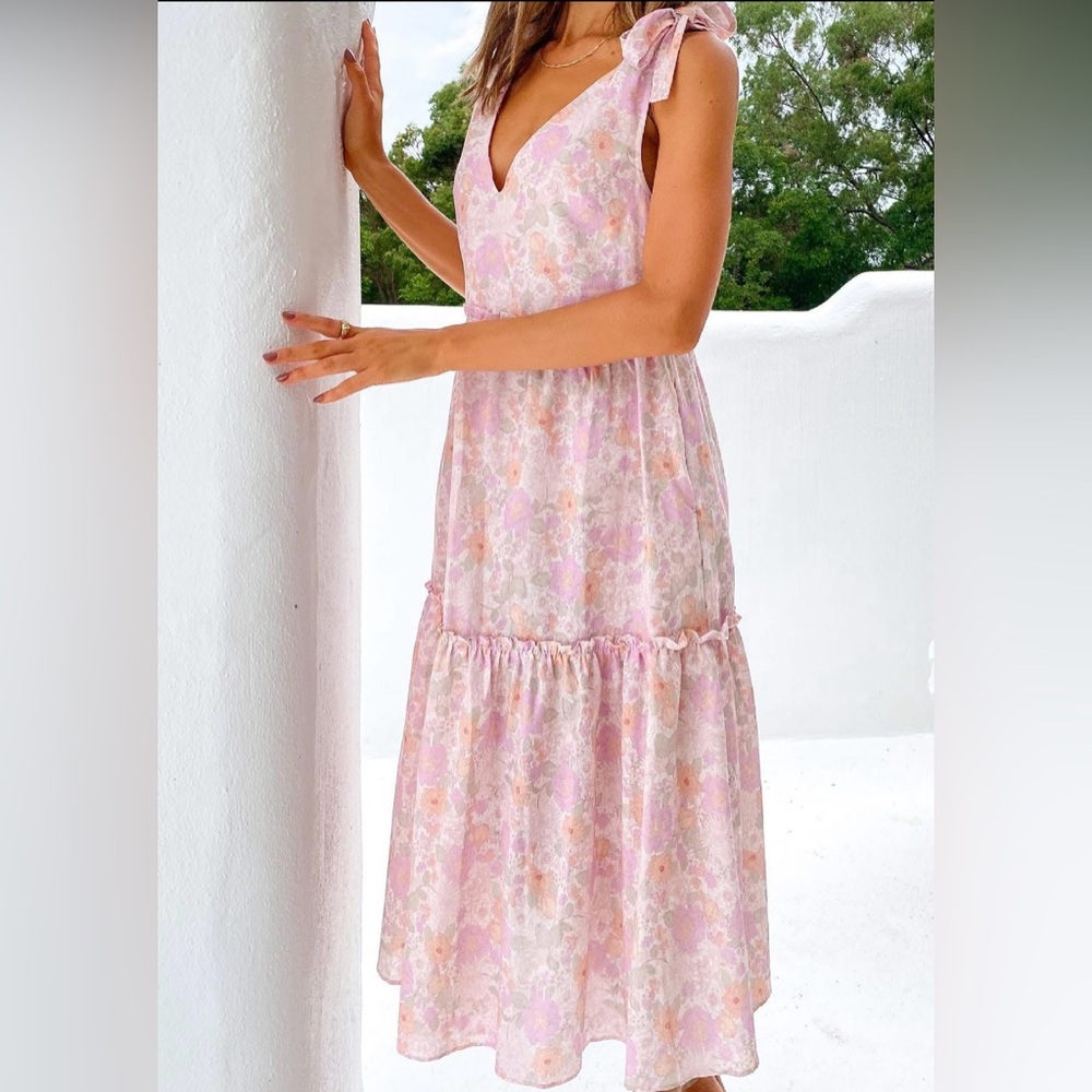 PETAL & PUP Erenda Floral Pink Midi Dress Linen Blend Pockets Size 4